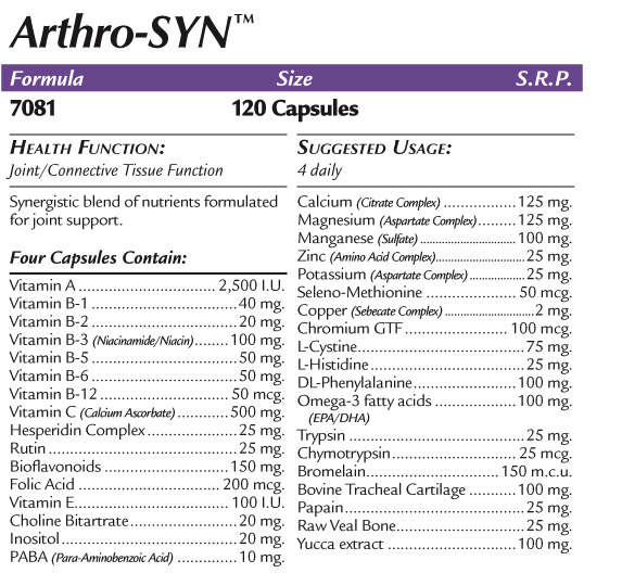 Artho-Syn 7081 Douglaslabs USA Medico-Service Herdorf, Vitamine, Niacinamide, Vitamin B6, Calcium Scorbate. Vitamin E, PABA, PAra-Aminobenzotic-Acid, Zinc, Zink, Selen, Seleno, Chromium GFT, L-Cystine, Bromelain, Papain, Yuccaextra